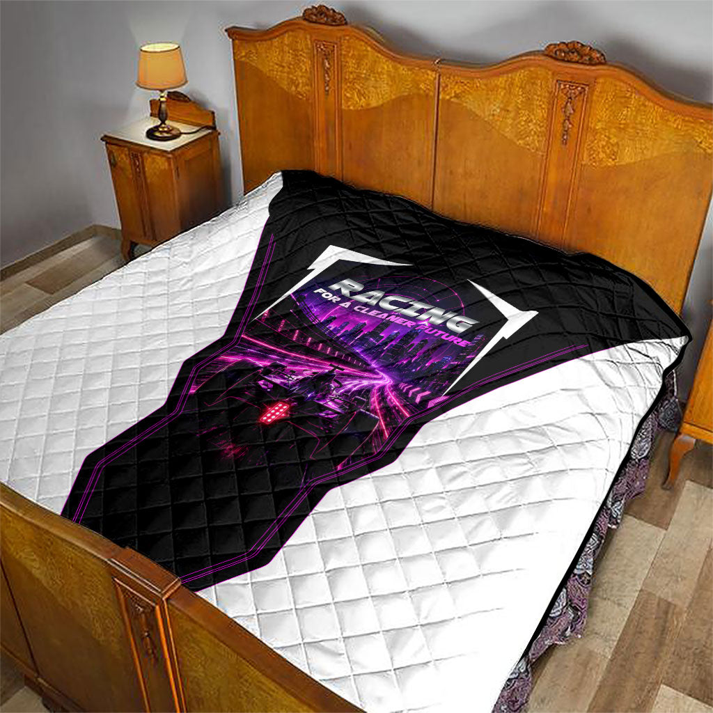 Electric Motorsport Racing Quilt Futuristic Neon Formula Race Car Skyline Art