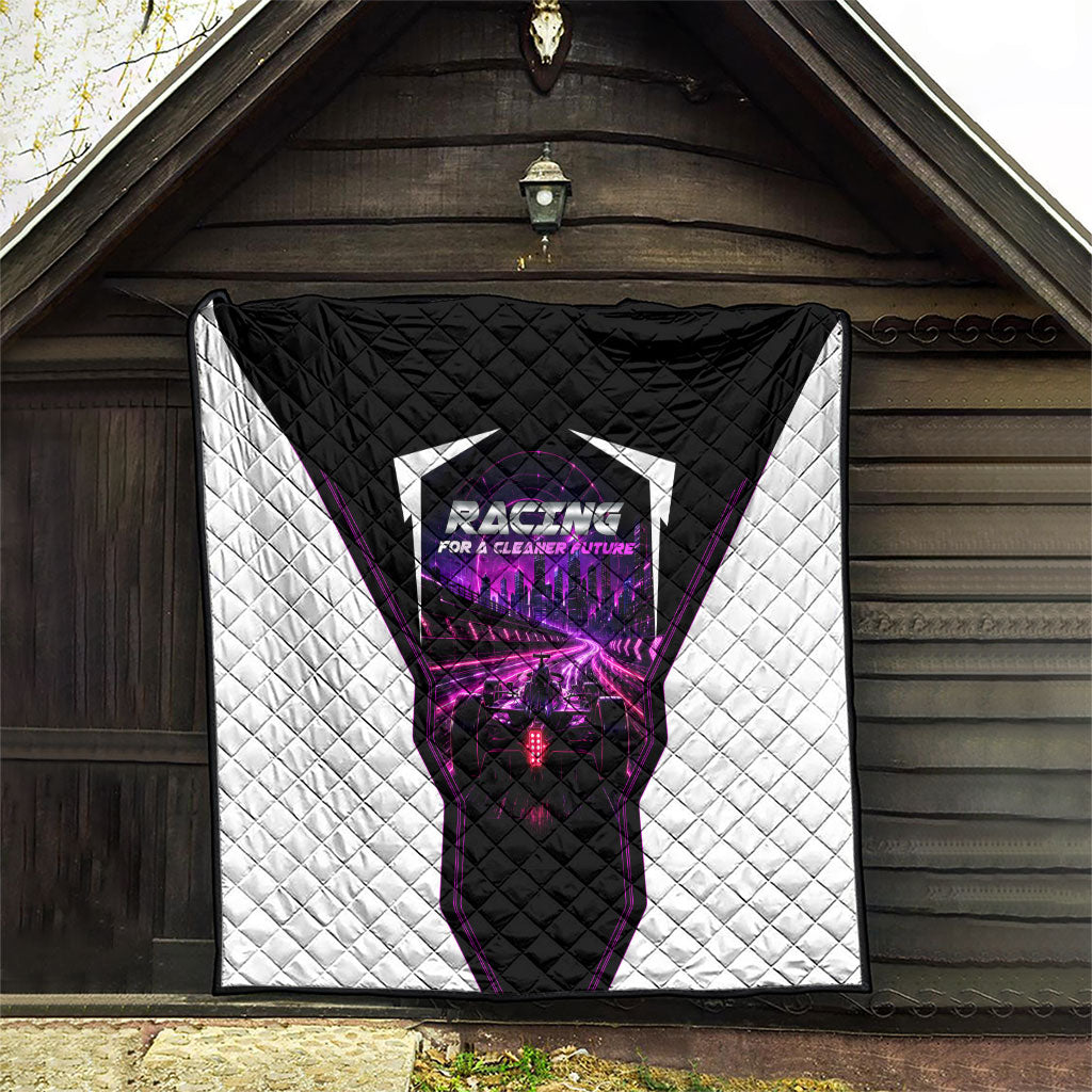 Electric Motorsport Racing Quilt Futuristic Neon Formula Race Car Skyline Art