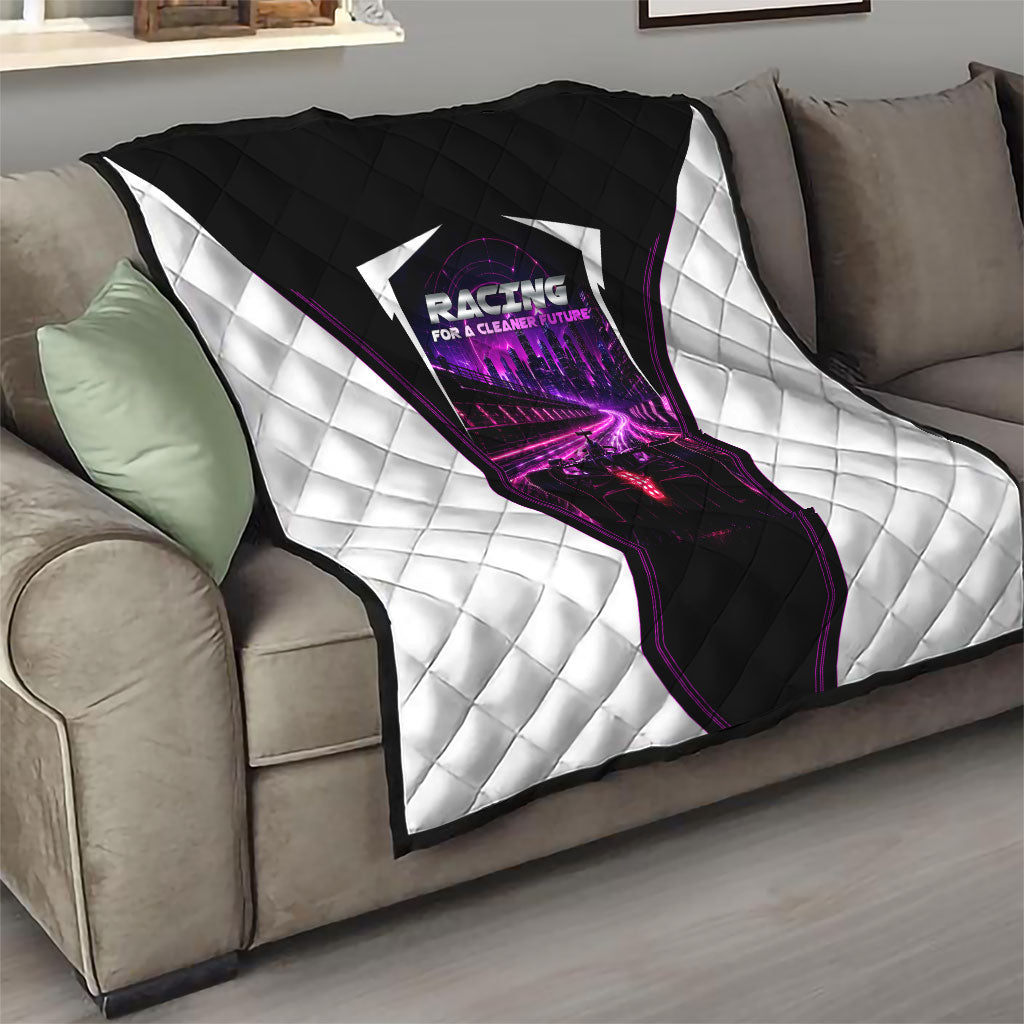 Electric Motorsport Racing Quilt Futuristic Neon Formula Race Car Skyline Art