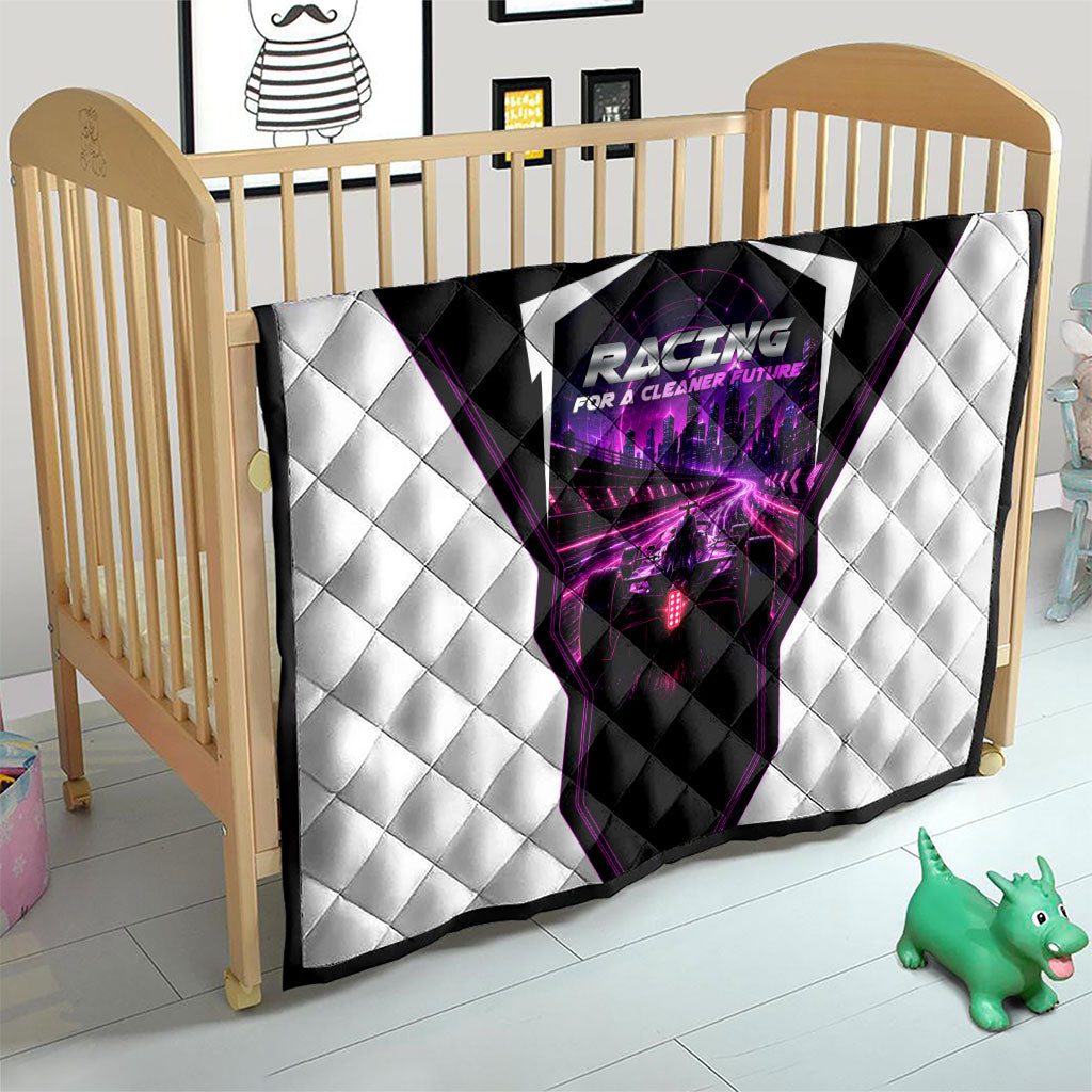 Electric Motorsport Racing Quilt Futuristic Neon Formula Race Car Skyline Art