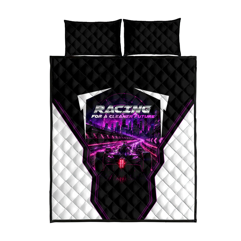 Electric Motorsport Racing Quilt Bed Set Futuristic Neon Formula Race Car Skyline Art