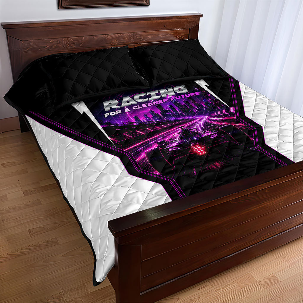 Electric Motorsport Racing Quilt Bed Set Futuristic Neon Formula Race Car Skyline Art