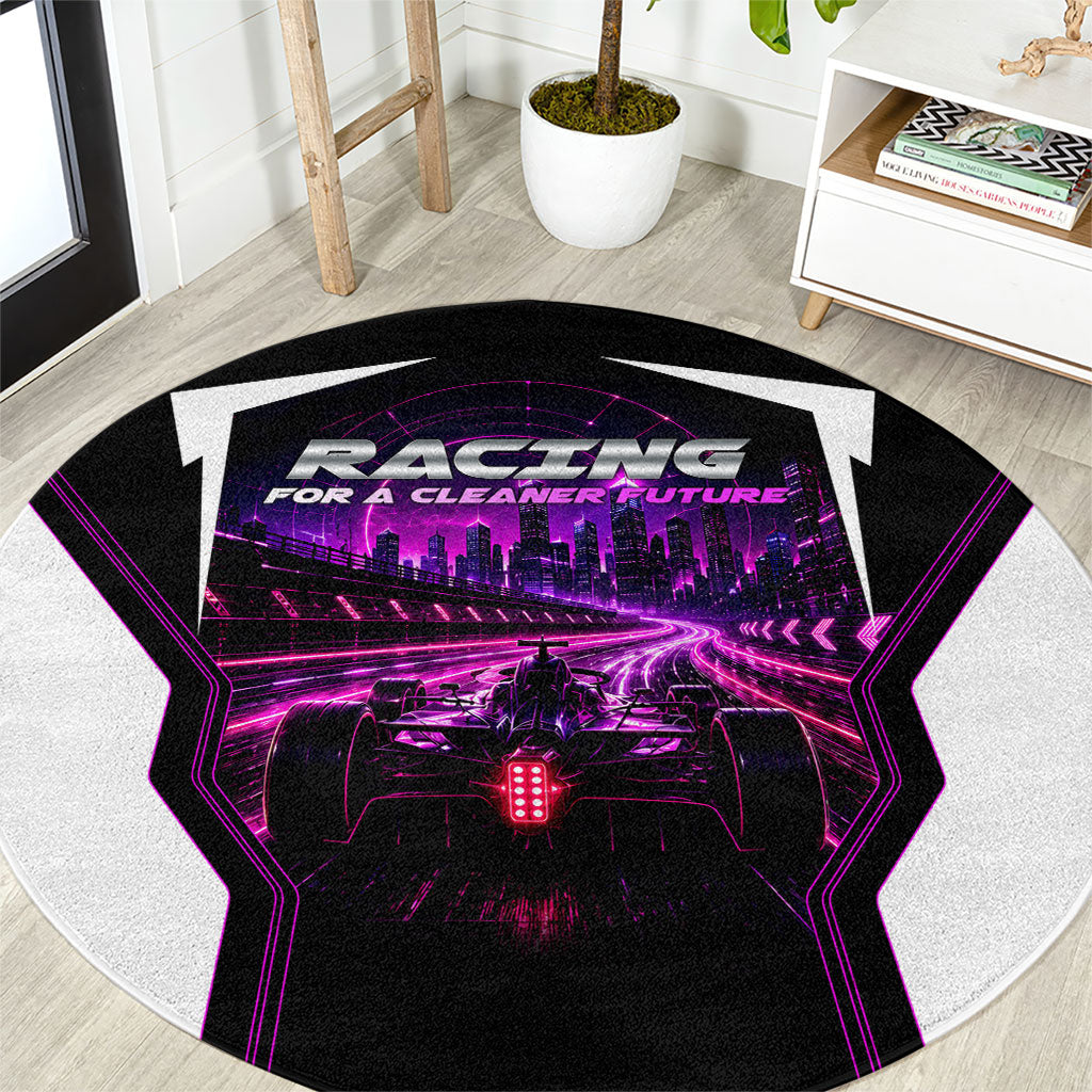 Electric Motorsport Racing Round Carpet Futuristic Neon Formula Race Car Skyline Art