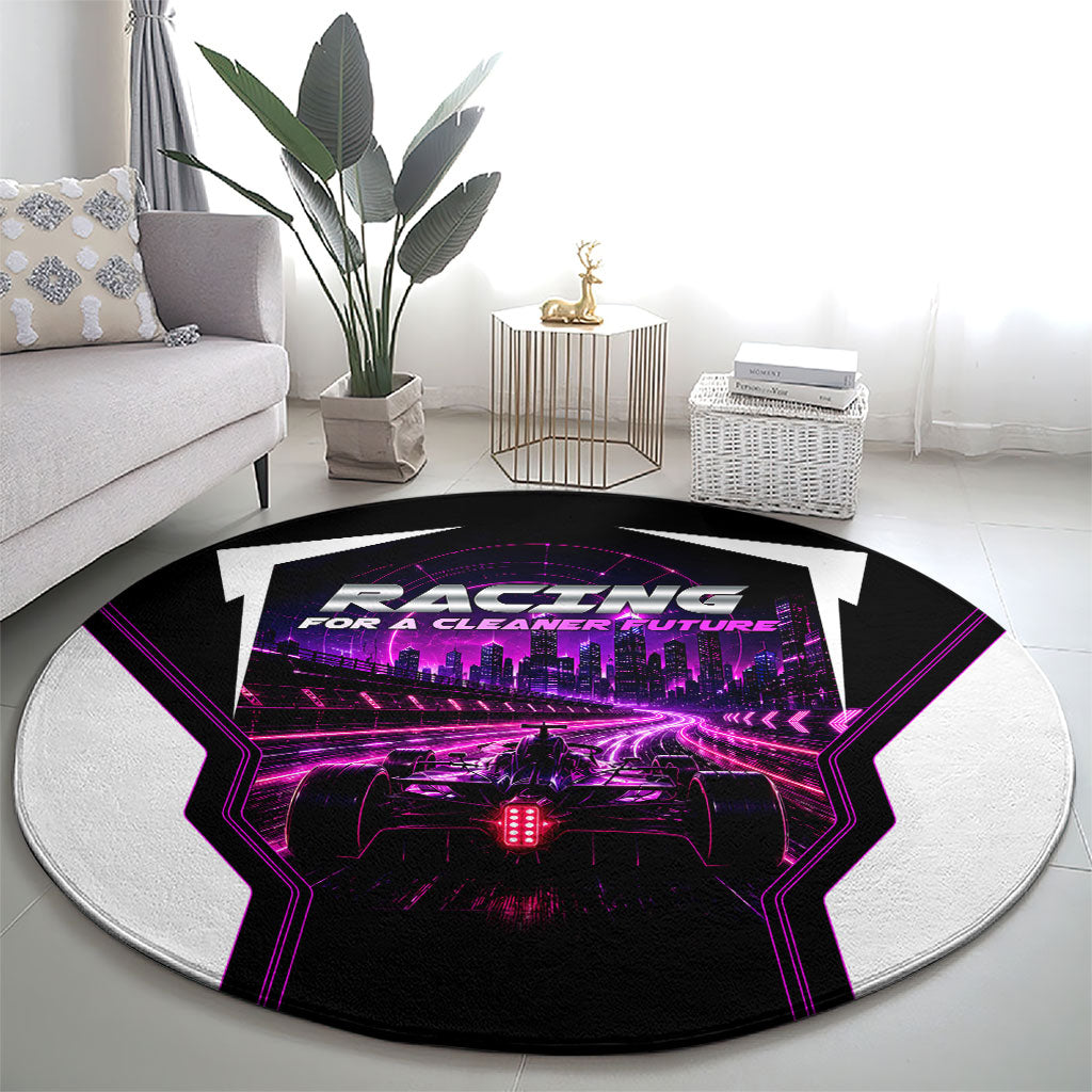 Electric Motorsport Racing Round Carpet Futuristic Neon Formula Race Car Skyline Art