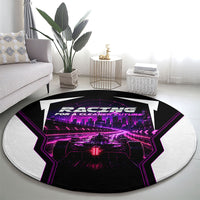 Electric Motorsport Racing Round Carpet Futuristic Neon Formula Race Car Skyline Art