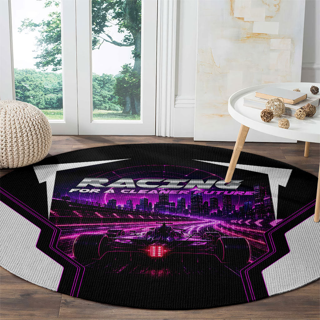 Electric Motorsport Racing Round Carpet Futuristic Neon Formula Race Car Skyline Art