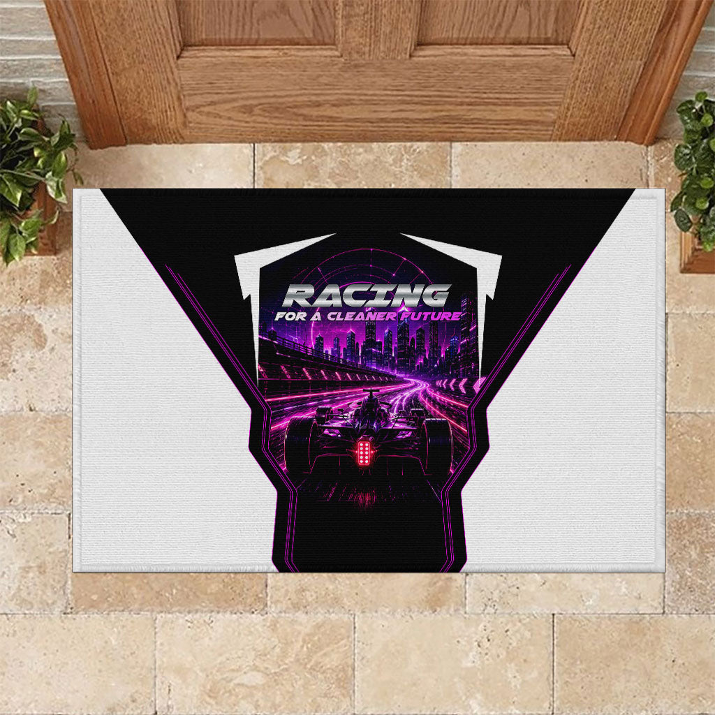 Electric Motorsport Racing Rubber Doormat Futuristic Neon Formula Race Car Skyline Art