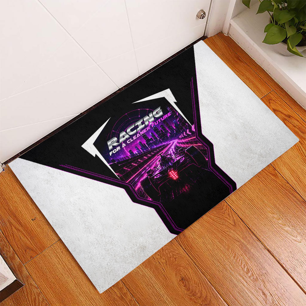 Electric Motorsport Racing Rubber Doormat Futuristic Neon Formula Race Car Skyline Art