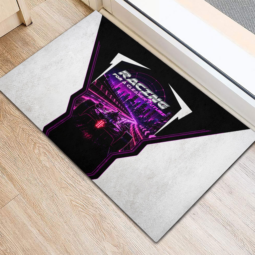 Electric Motorsport Racing Rubber Doormat Futuristic Neon Formula Race Car Skyline Art