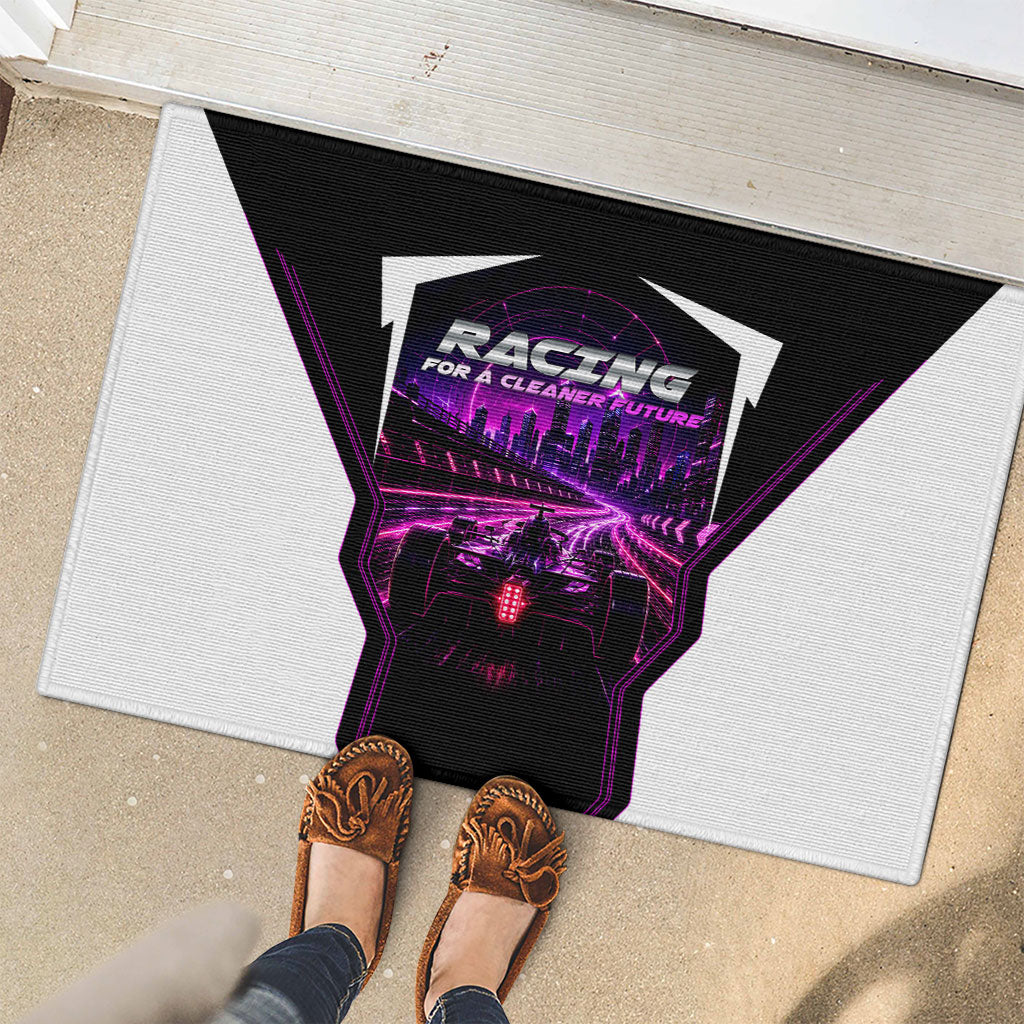 Electric Motorsport Racing Rubber Doormat Futuristic Neon Formula Race Car Skyline Art