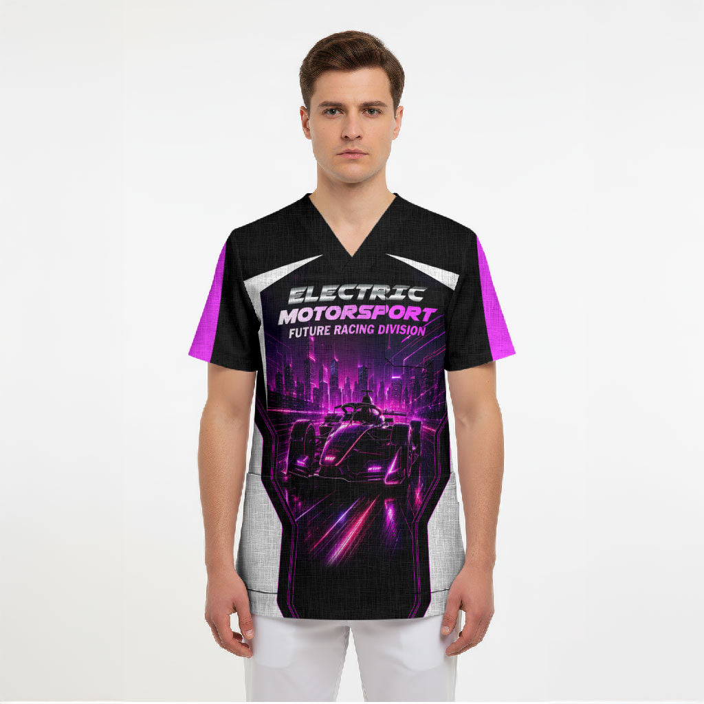 Electric Motorsport Racing Scrub Top Futuristic Neon Formula Race Car Skyline Art