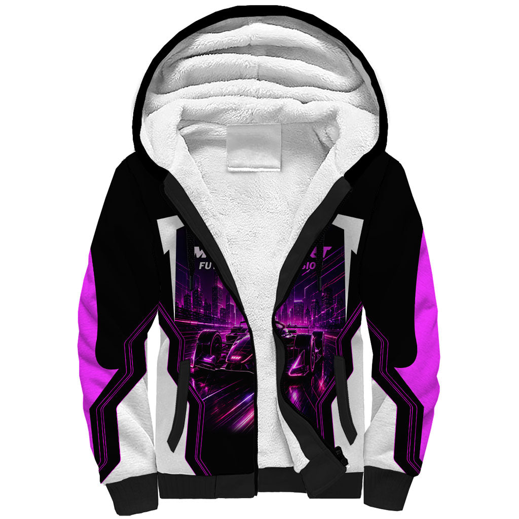 Electric Motorsport Racing Sherpa Hoodie Futuristic Neon Formula Race Car Skyline Art