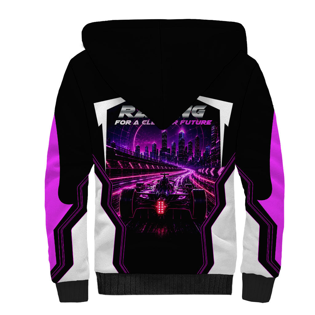 Electric Motorsport Racing Sherpa Hoodie Futuristic Neon Formula Race Car Skyline Art