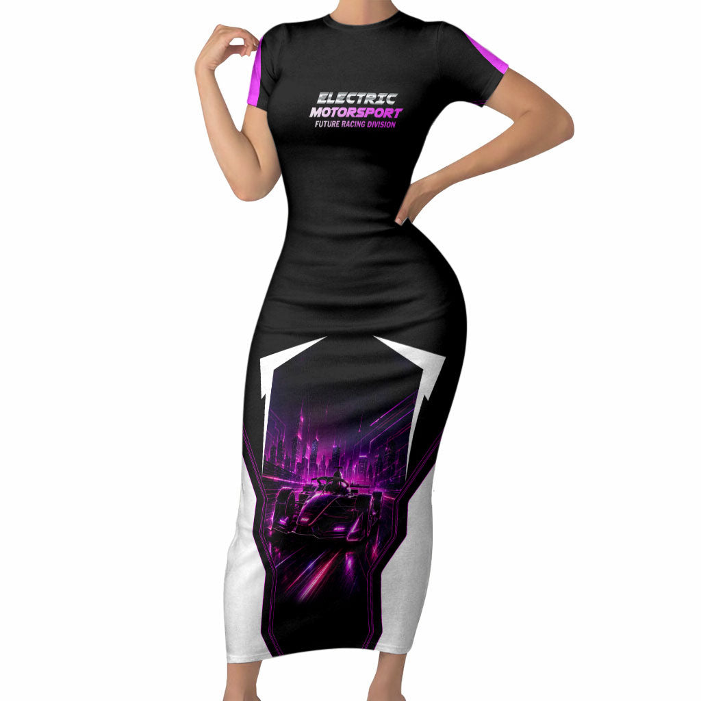 Electric Motorsport Racing Short Sleeve Bodycon Dress Futuristic Neon Formula Race Car Skyline Art
