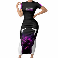 Electric Motorsport Racing Short Sleeve Bodycon Dress Futuristic Neon Formula Race Car Skyline Art