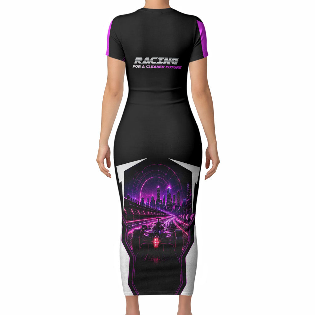 Electric Motorsport Racing Short Sleeve Bodycon Dress Futuristic Neon Formula Race Car Skyline Art