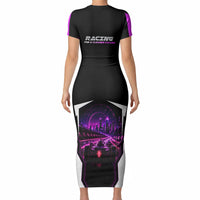 Electric Motorsport Racing Short Sleeve Bodycon Dress Futuristic Neon Formula Race Car Skyline Art