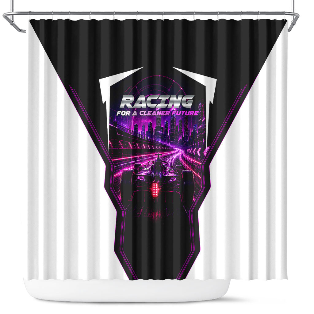 Electric Motorsport Racing Shower Curtain Futuristic Neon Formula Race Car Skyline Art