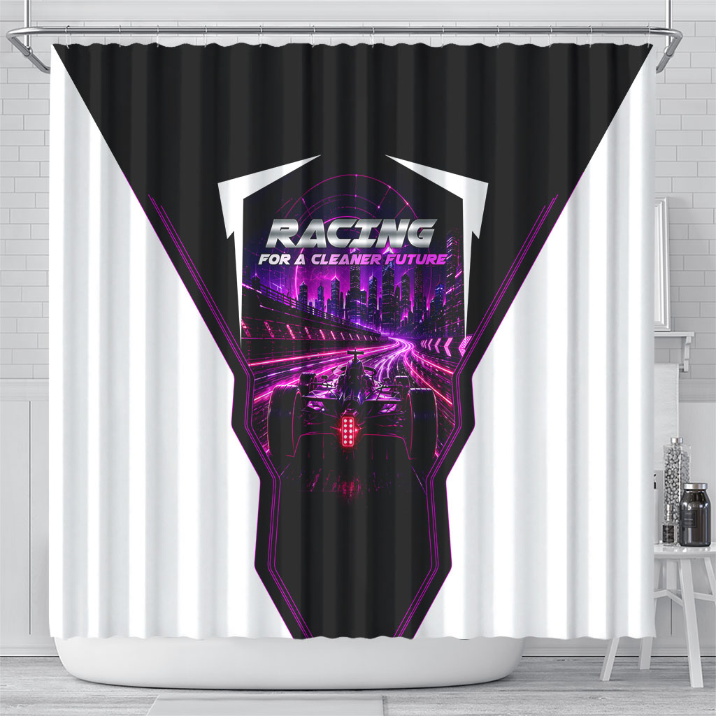Electric Motorsport Racing Shower Curtain Futuristic Neon Formula Race Car Skyline Art