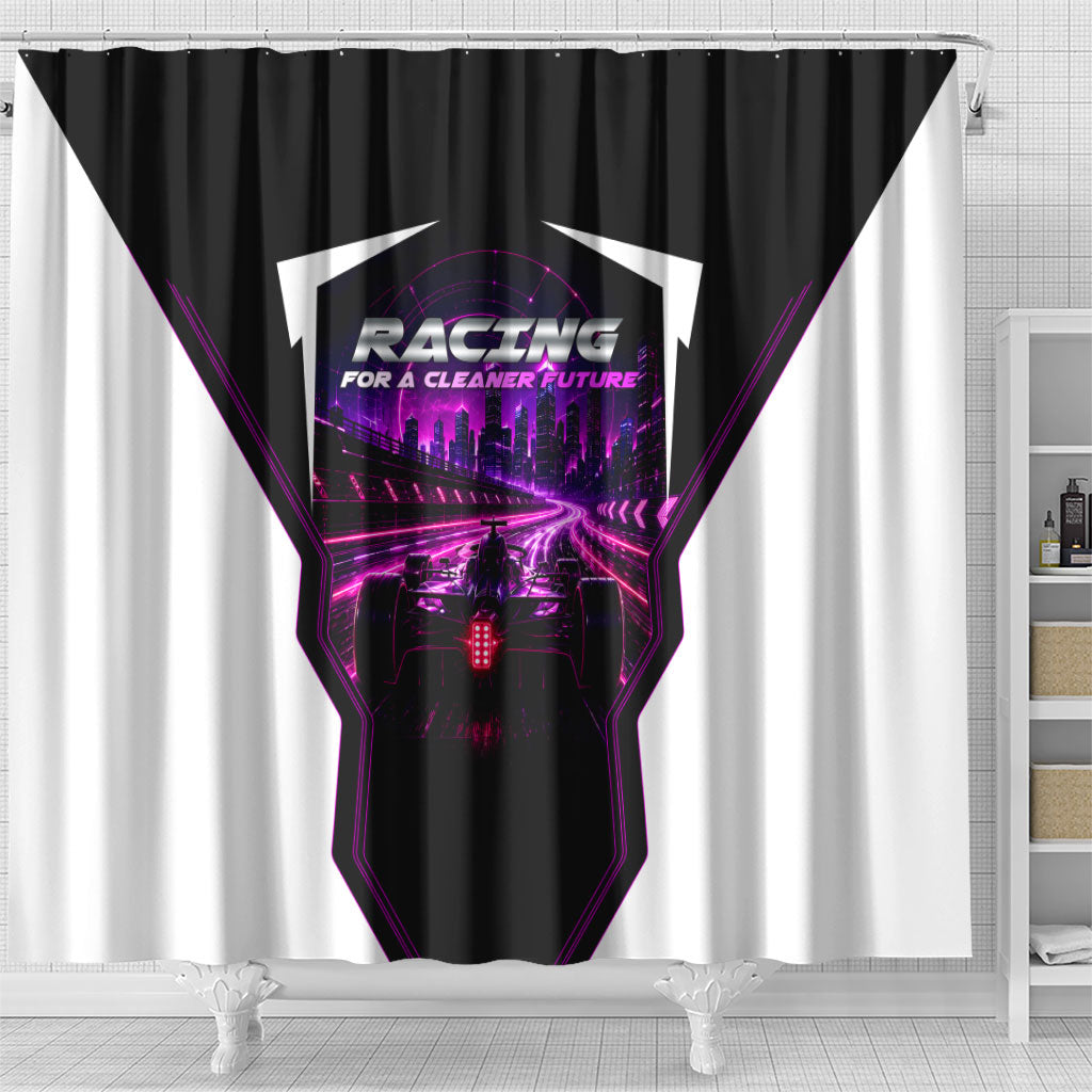 Electric Motorsport Racing Shower Curtain Futuristic Neon Formula Race Car Skyline Art