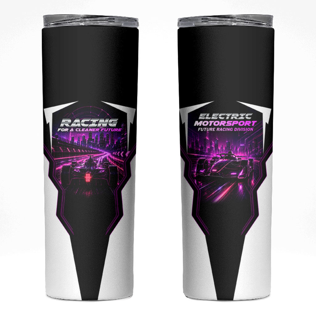 Electric Motorsport Racing Skinny Tumbler Futuristic Neon Formula Race Car Skyline Art