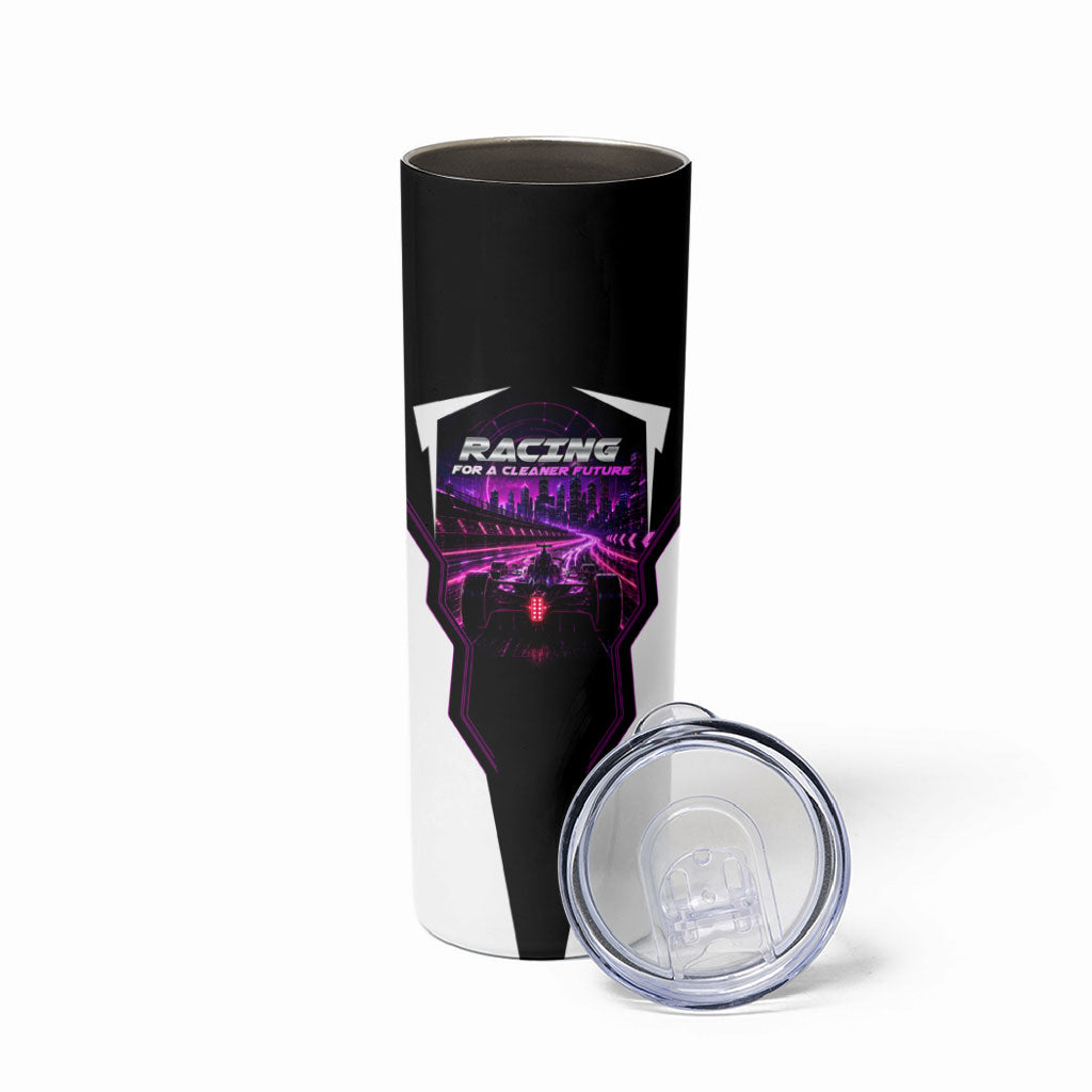 Electric Motorsport Racing Skinny Tumbler Futuristic Neon Formula Race Car Skyline Art