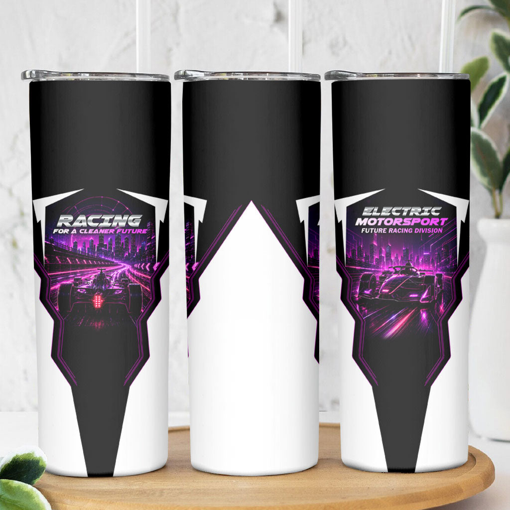 Electric Motorsport Racing Skinny Tumbler Futuristic Neon Formula Race Car Skyline Art