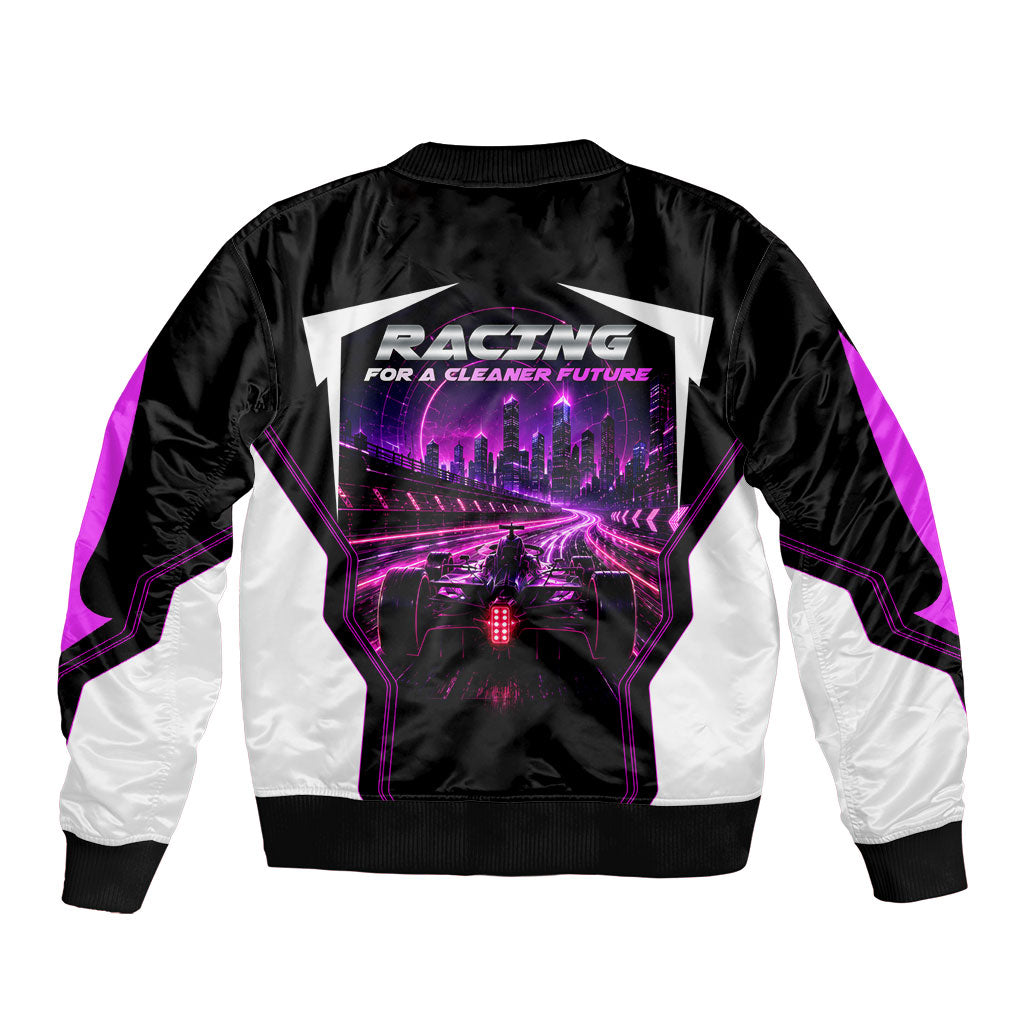 Electric Motorsport Racing Sleeve Zip Bomber Jacket Futuristic Neon Formula Race Car Skyline Art