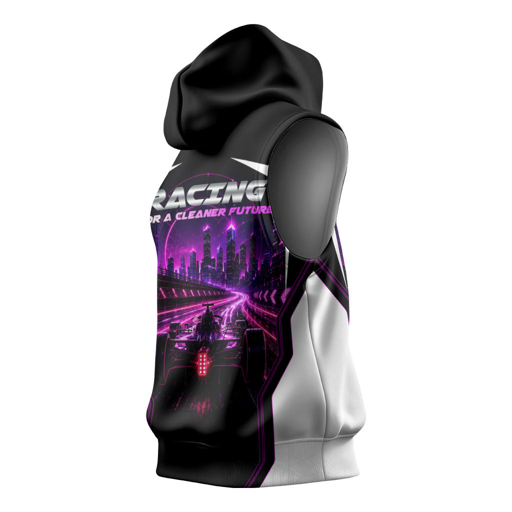 Electric Motorsport Racing Sleeveless Hoodie Futuristic Neon Formula Race Car Skyline Art
