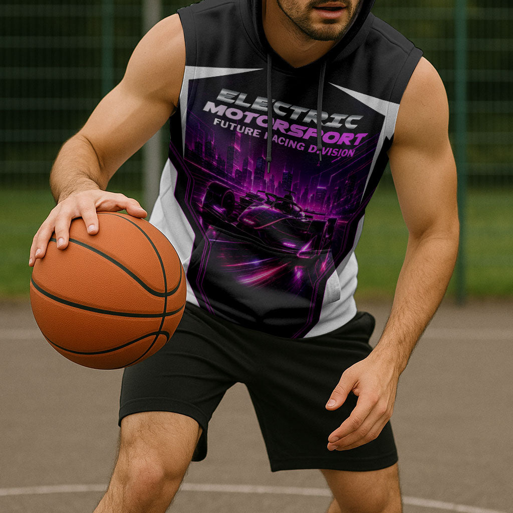 Electric Motorsport Racing Sleeveless Hoodie Futuristic Neon Formula Race Car Skyline Art