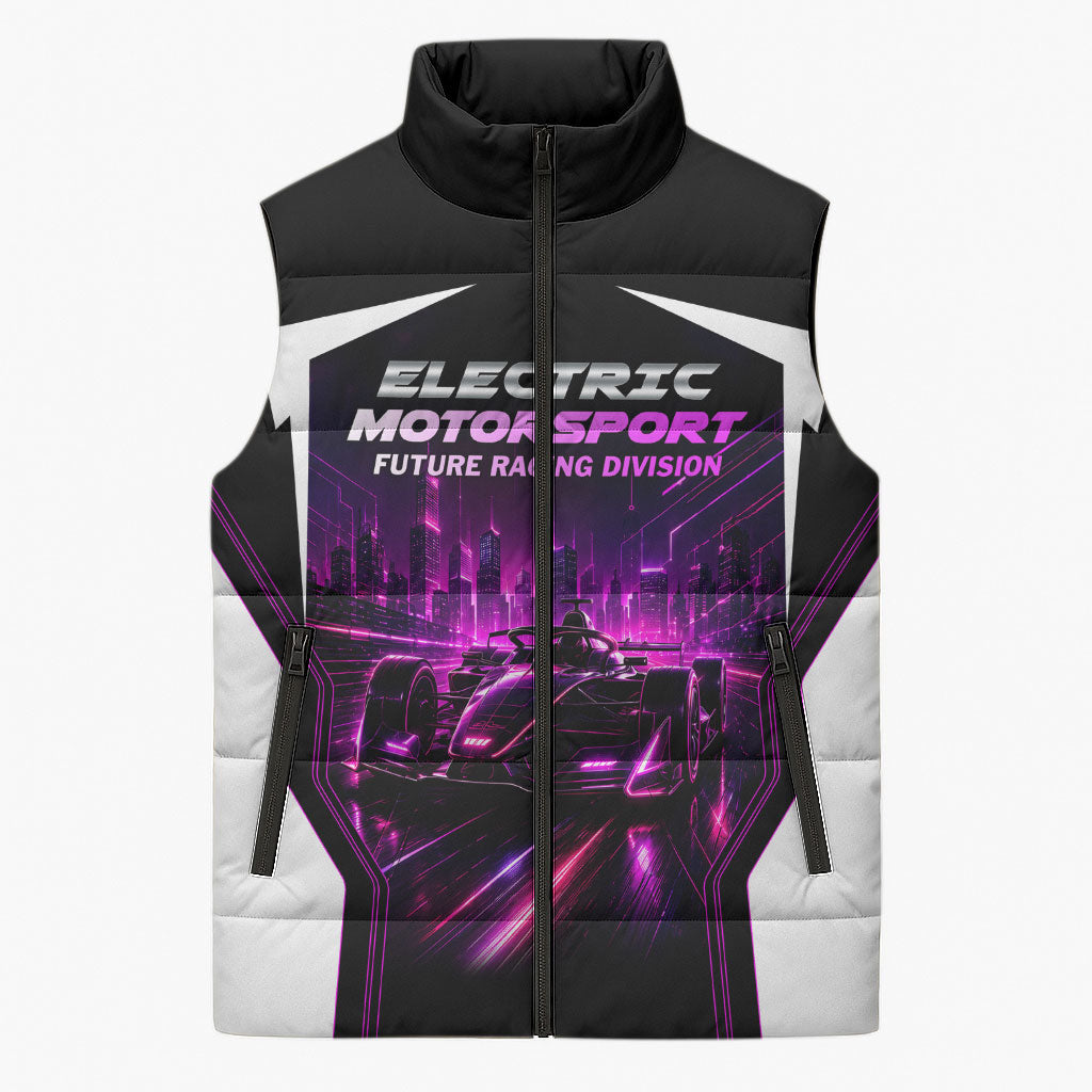 Electric Motorsport Racing Sleeveless Puffer Jacket Futuristic Neon Formula Race Car Skyline Art