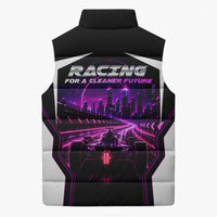 Electric Motorsport Racing Sleeveless Puffer Jacket Futuristic Neon Formula Race Car Skyline Art