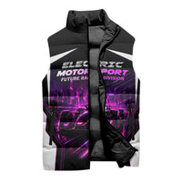 Electric Motorsport Racing Sleeveless Puffer Jacket Futuristic Neon Formula Race Car Skyline Art