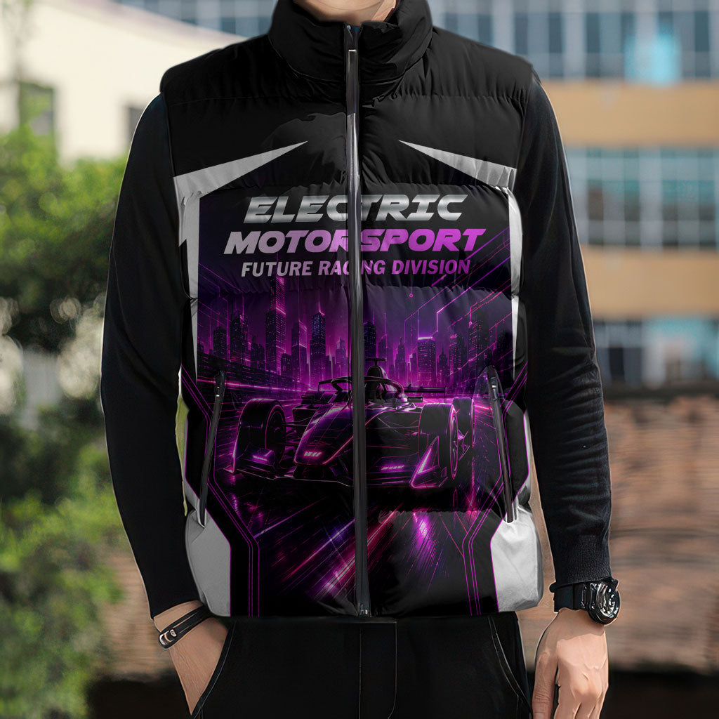 Electric Motorsport Racing Sleeveless Puffer Jacket Futuristic Neon Formula Race Car Skyline Art
