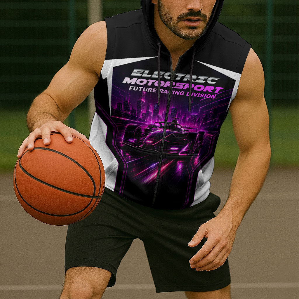 Electric Motorsport Racing Sleeveless Zip Hoodie Futuristic Neon Formula Race Car Skyline Art