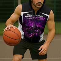 Electric Motorsport Racing Sleeveless Zip Hoodie Futuristic Neon Formula Race Car Skyline Art