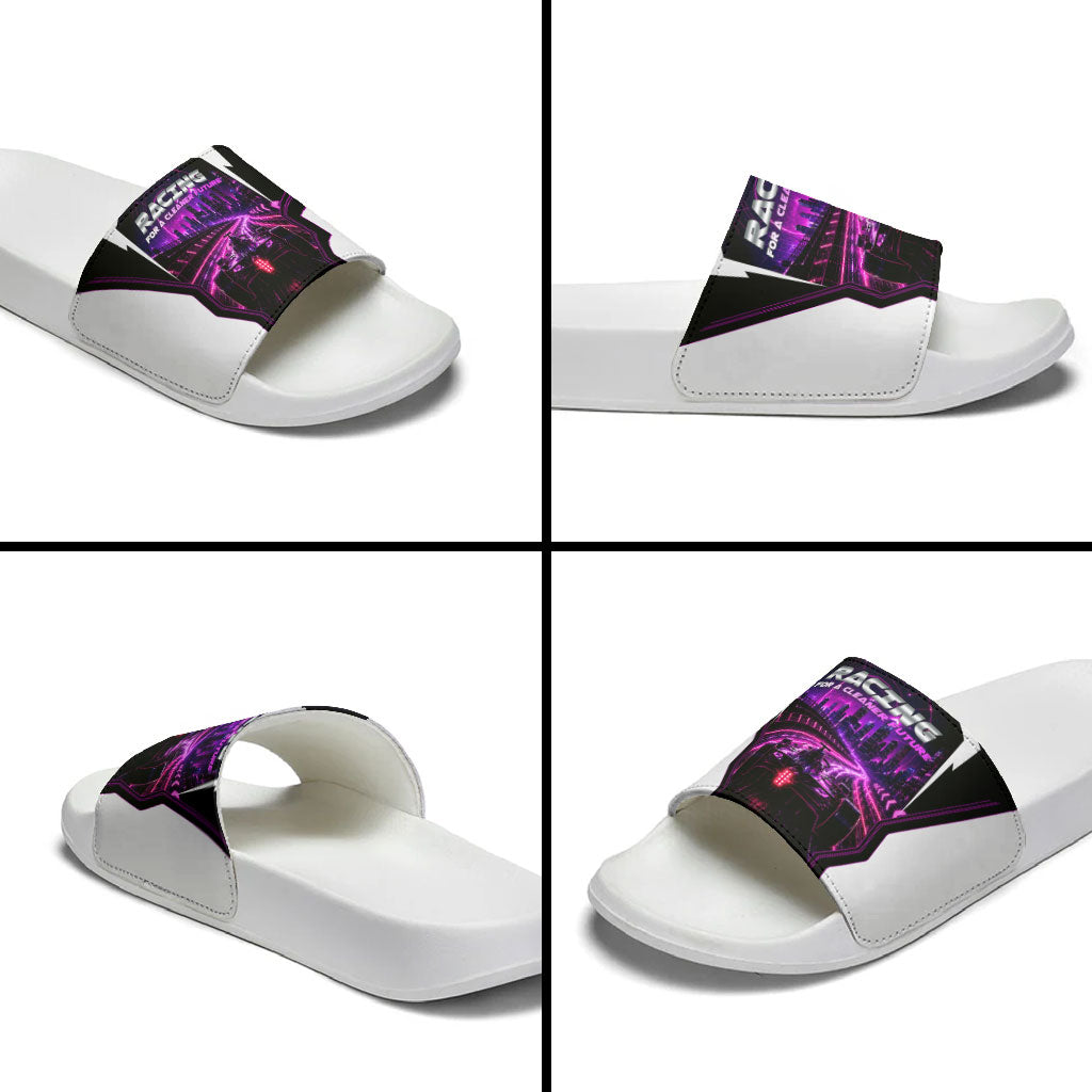 Electric Motorsport Racing Slide Sandals Futuristic Neon Formula Race Car Skyline Art