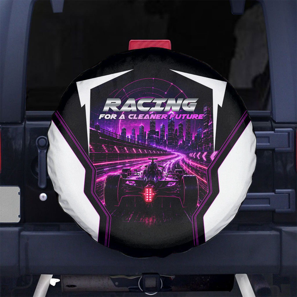 Electric Motorsport Racing Spare Tire Cover Futuristic Neon Formula Race Car Skyline Art