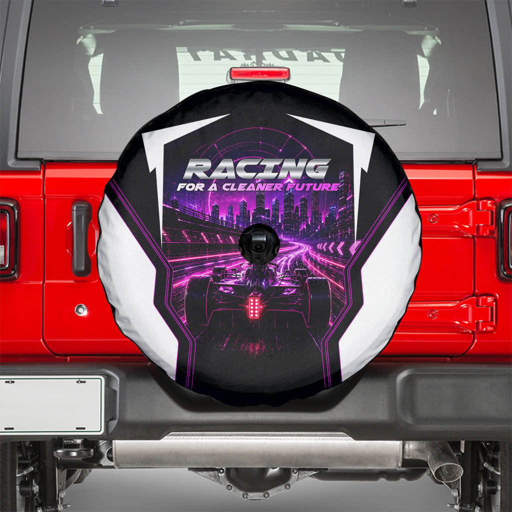 Electric Motorsport Racing Spare Tire Cover Futuristic Neon Formula Race Car Skyline Art