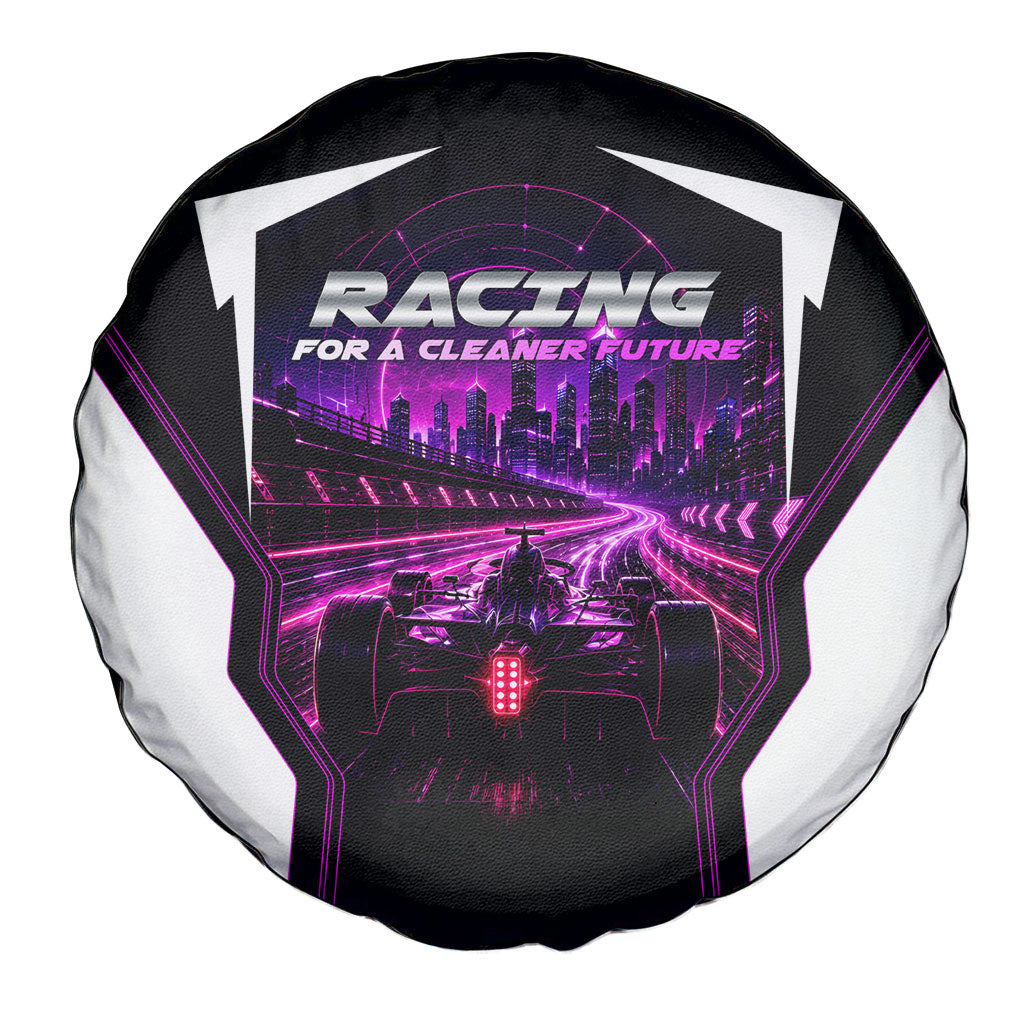 Electric Motorsport Racing Spare Tire Cover Futuristic Neon Formula Race Car Skyline Art