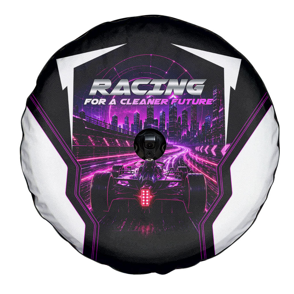 Electric Motorsport Racing Spare Tire Cover Futuristic Neon Formula Race Car Skyline Art