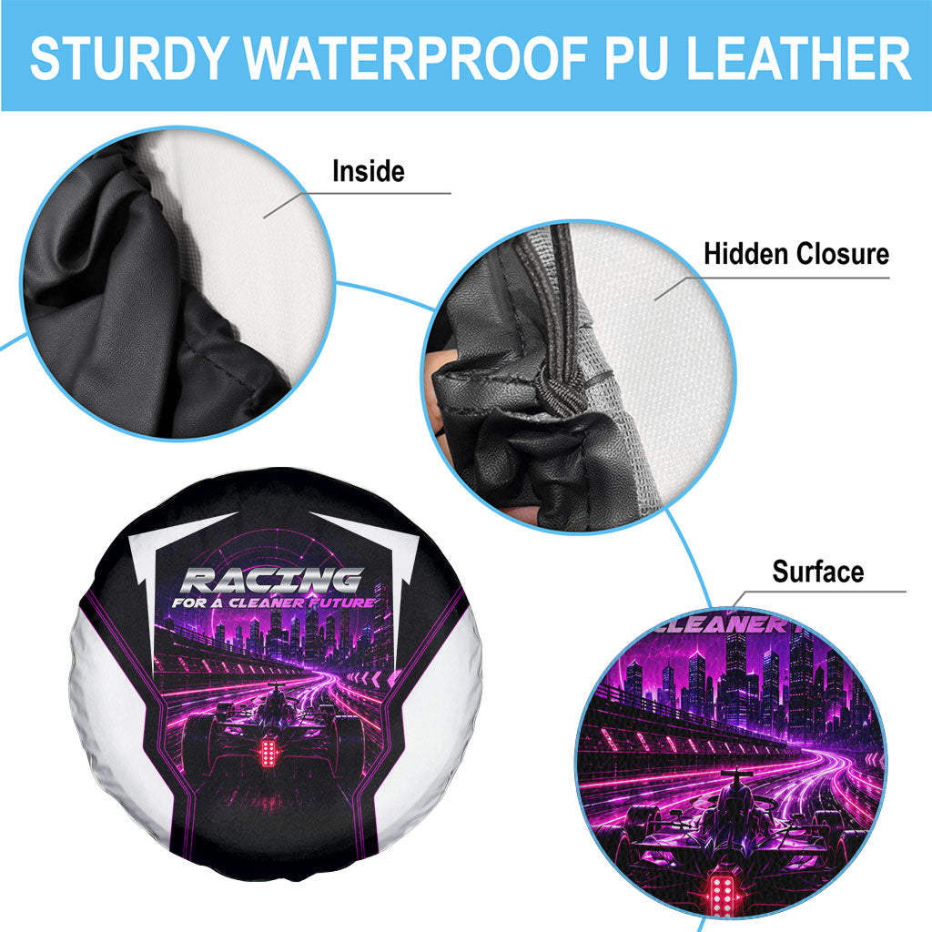 Electric Motorsport Racing Spare Tire Cover Futuristic Neon Formula Race Car Skyline Art