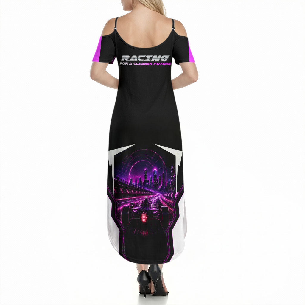 Electric Motorsport Racing Summer Maxi Dress Futuristic Neon Formula Race Car Skyline Art