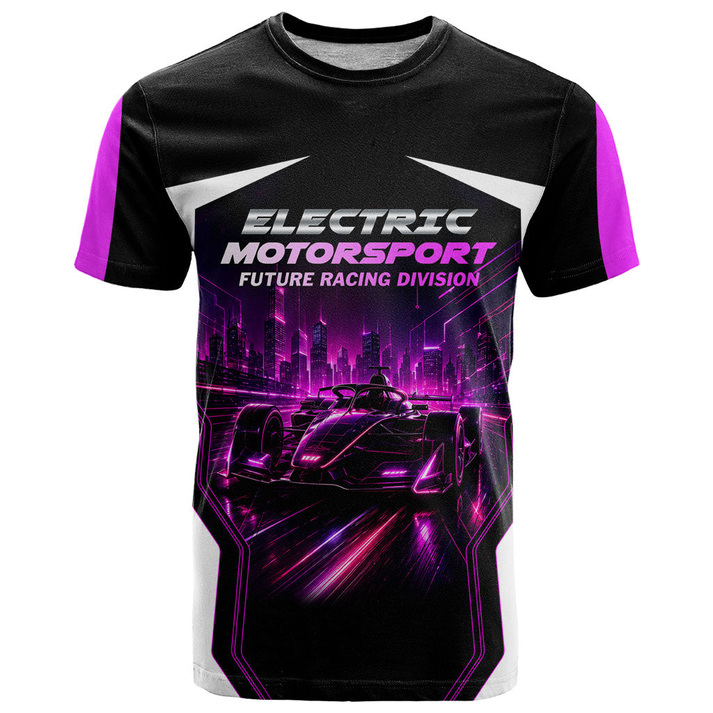 Electric Motorsport Racing T Shirt Futuristic Neon Formula Race Car Skyline Art