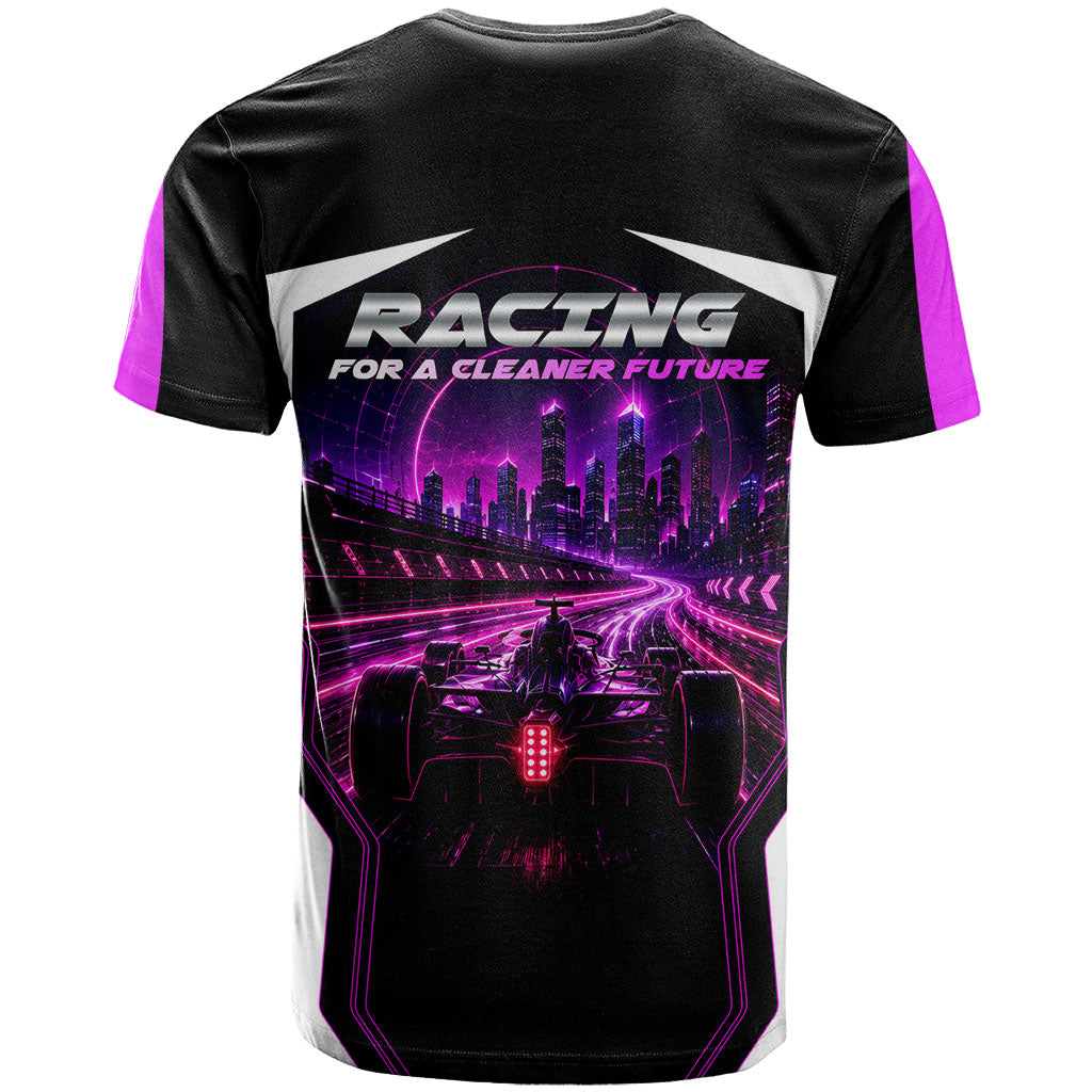 Electric Motorsport Racing T Shirt Futuristic Neon Formula Race Car Skyline Art