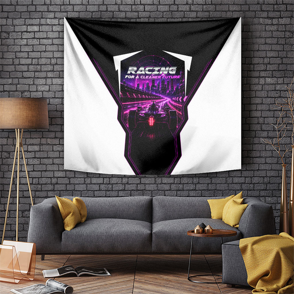 Electric Motorsport Racing Tapestry Futuristic Neon Formula Race Car Skyline Art