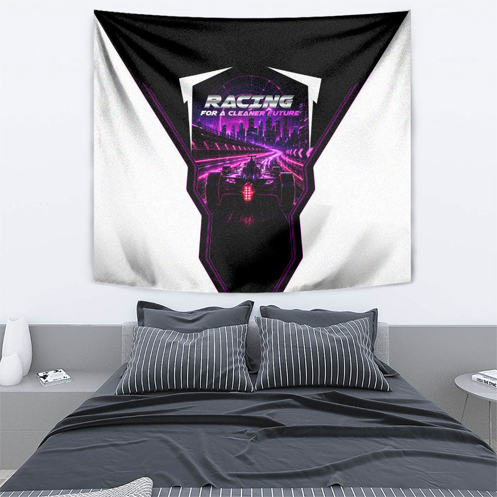 Electric Motorsport Racing Tapestry Futuristic Neon Formula Race Car Skyline Art