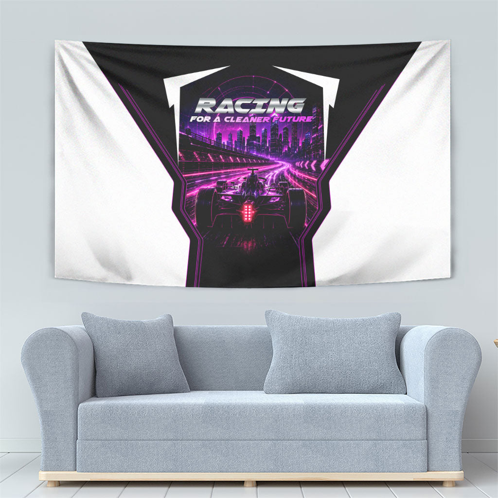 Electric Motorsport Racing Tapestry Futuristic Neon Formula Race Car Skyline Art