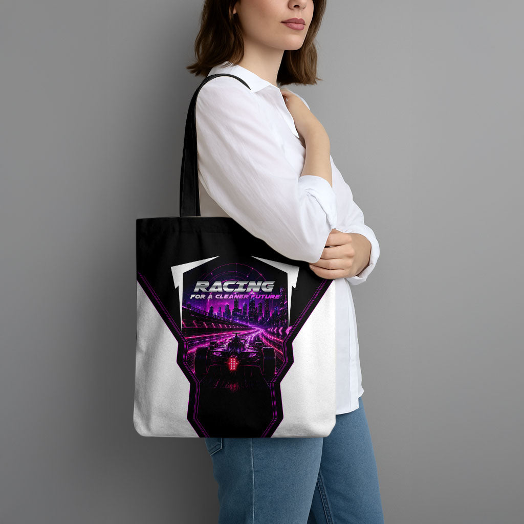 Electric Motorsport Racing Tote Bag Futuristic Neon Formula Race Car Skyline Art