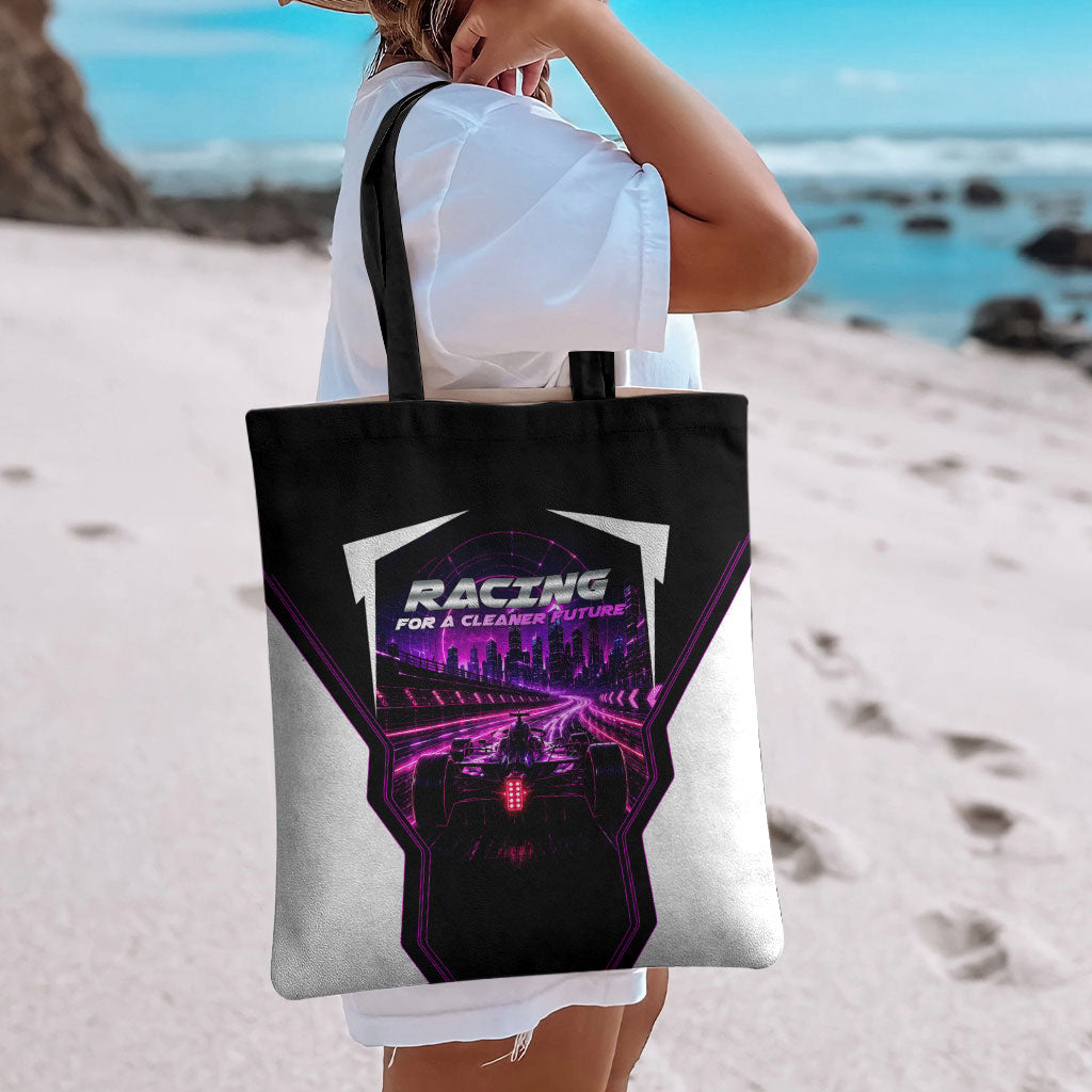 Electric Motorsport Racing Tote Bag Futuristic Neon Formula Race Car Skyline Art
